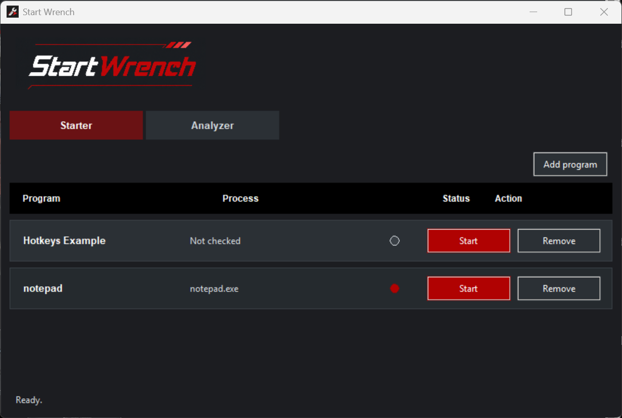 Starter tab with program list, status dots, and start buttons